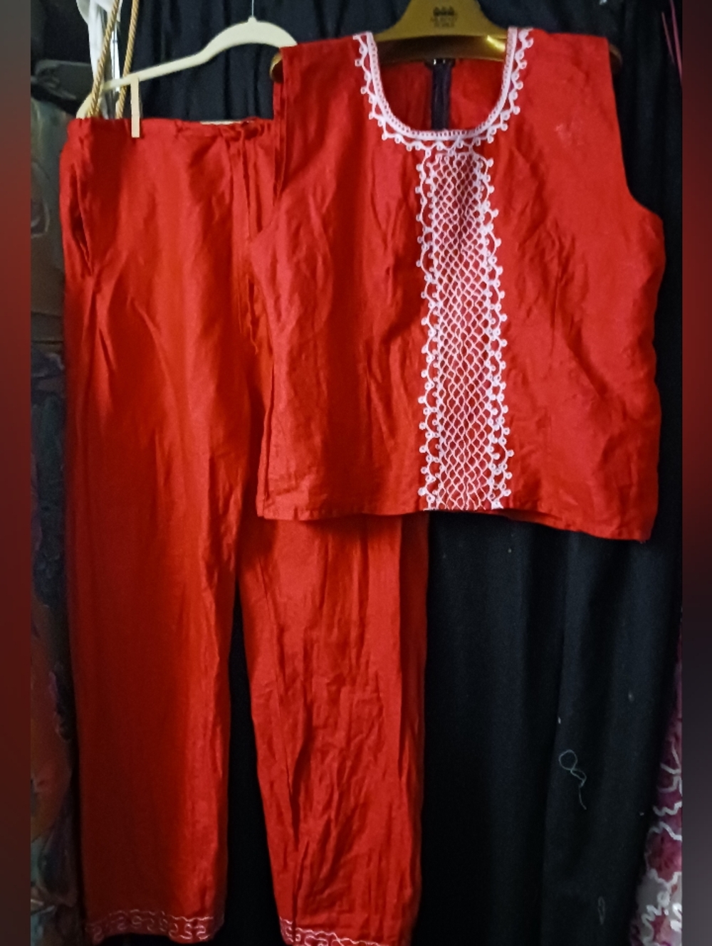 Women's Linen Red Embroidered Two-Piece Pants Set